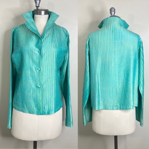 GRACIE MADE IN VIETNAM 100% DUPIONI SILK BUTTON UP LONG SLEEVE PIN TUCK TOP XL - Picture 3 of 8